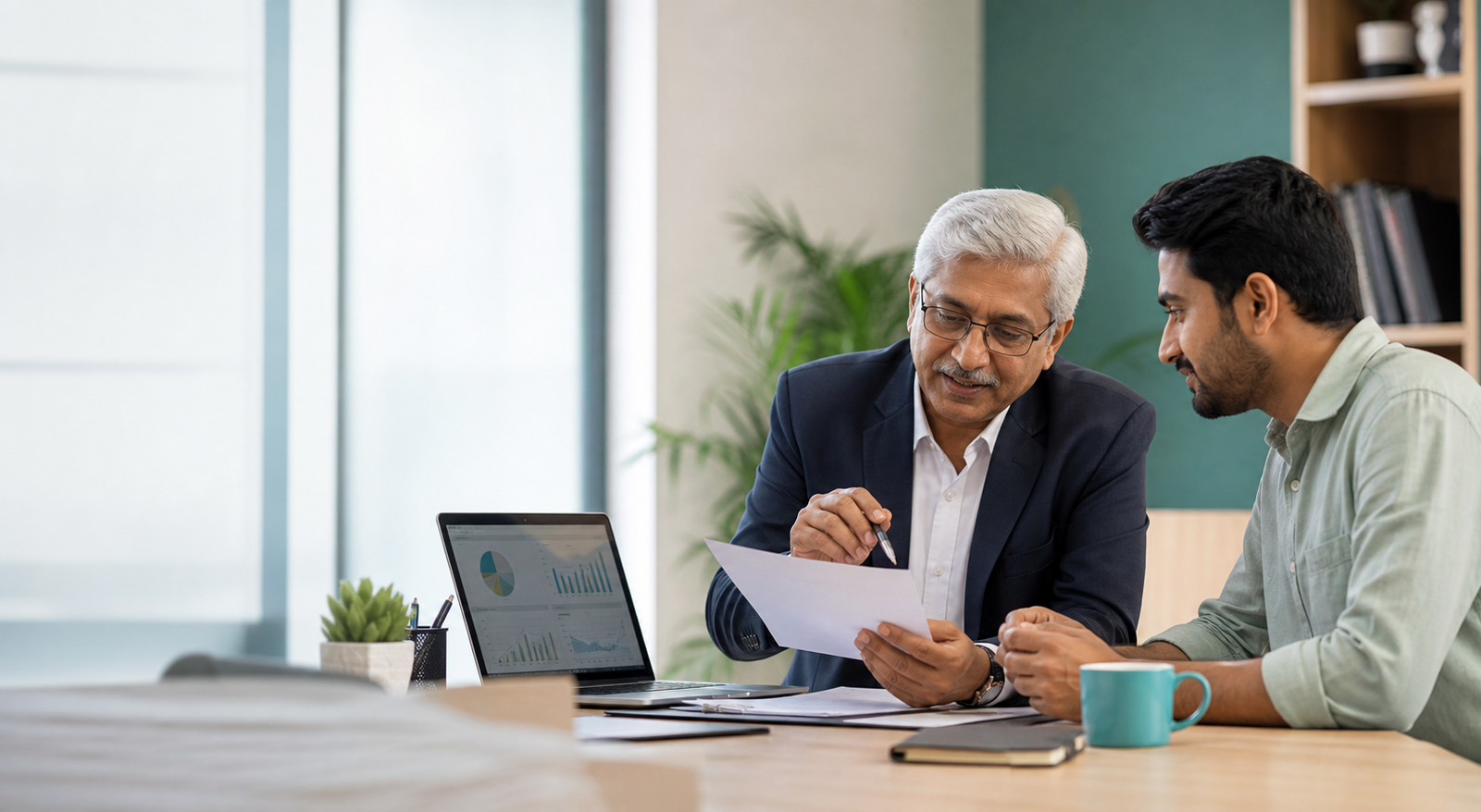 Financial advisor consulting a business owner at a desk